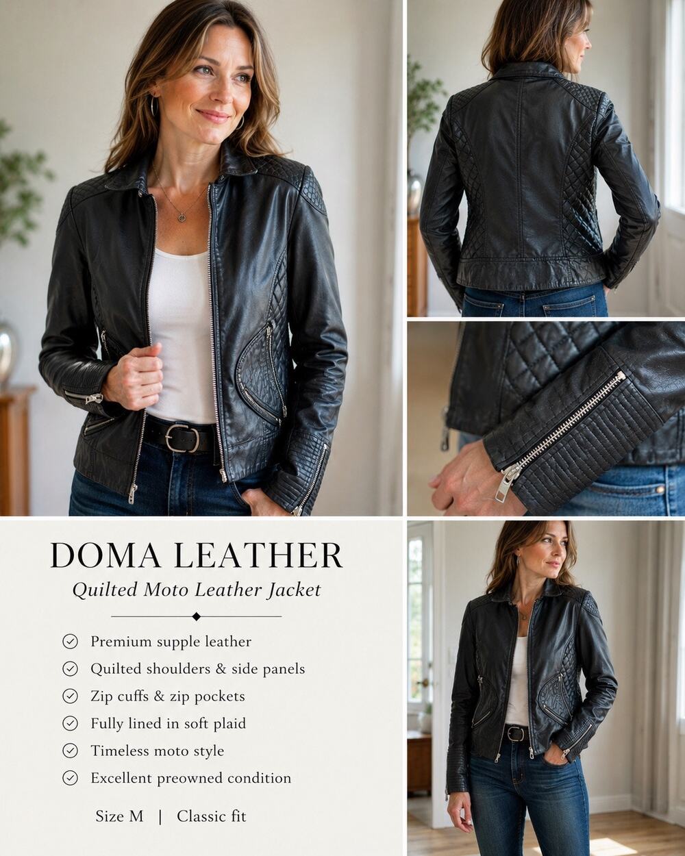 Moto Luxe Biker DOMA 100% Leather Quilted Woven Black Jacket Edgy Chic S